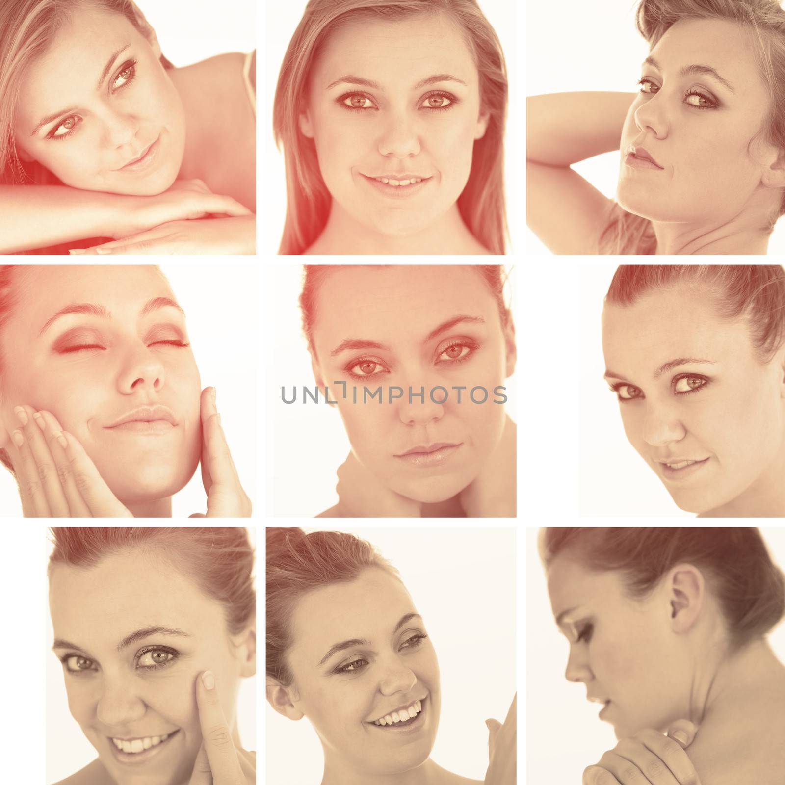Collage of blonde woman in sepia glow and on white background