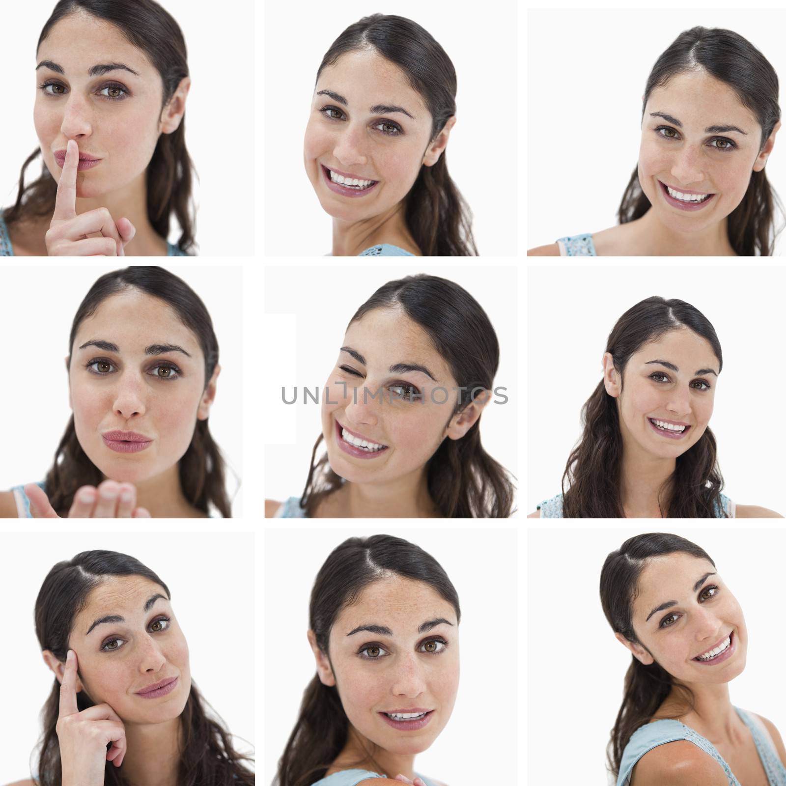 Collage of brunette woman on white background