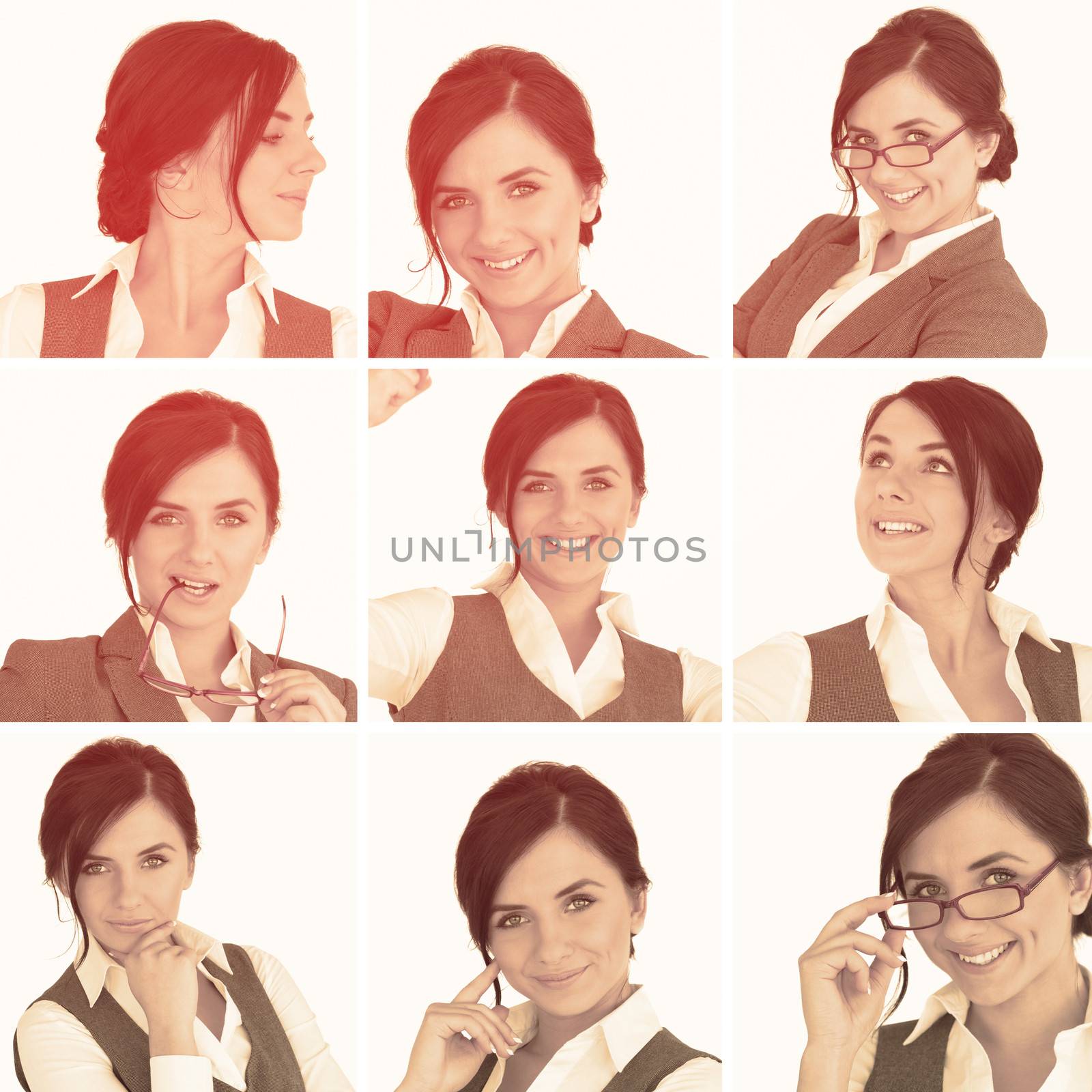 Collage of brunette businesswoman in sepia and on white background