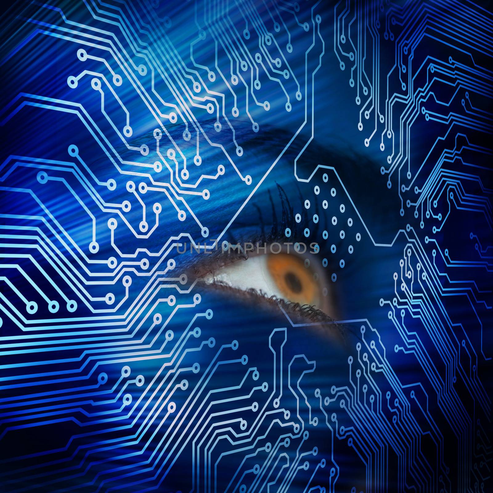 Brown eye looking up in futuristic blue circuit board