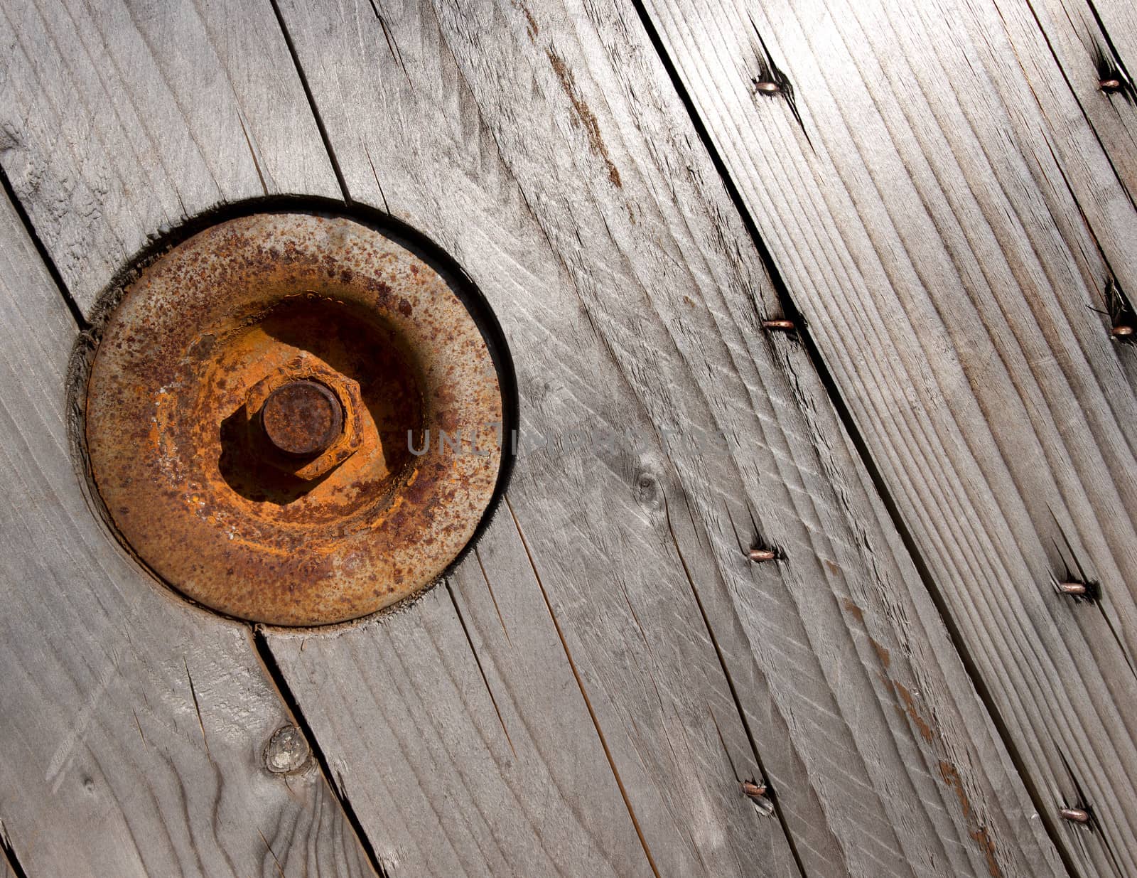 Background with wooden boards of pine, round rusty plaque and bolt