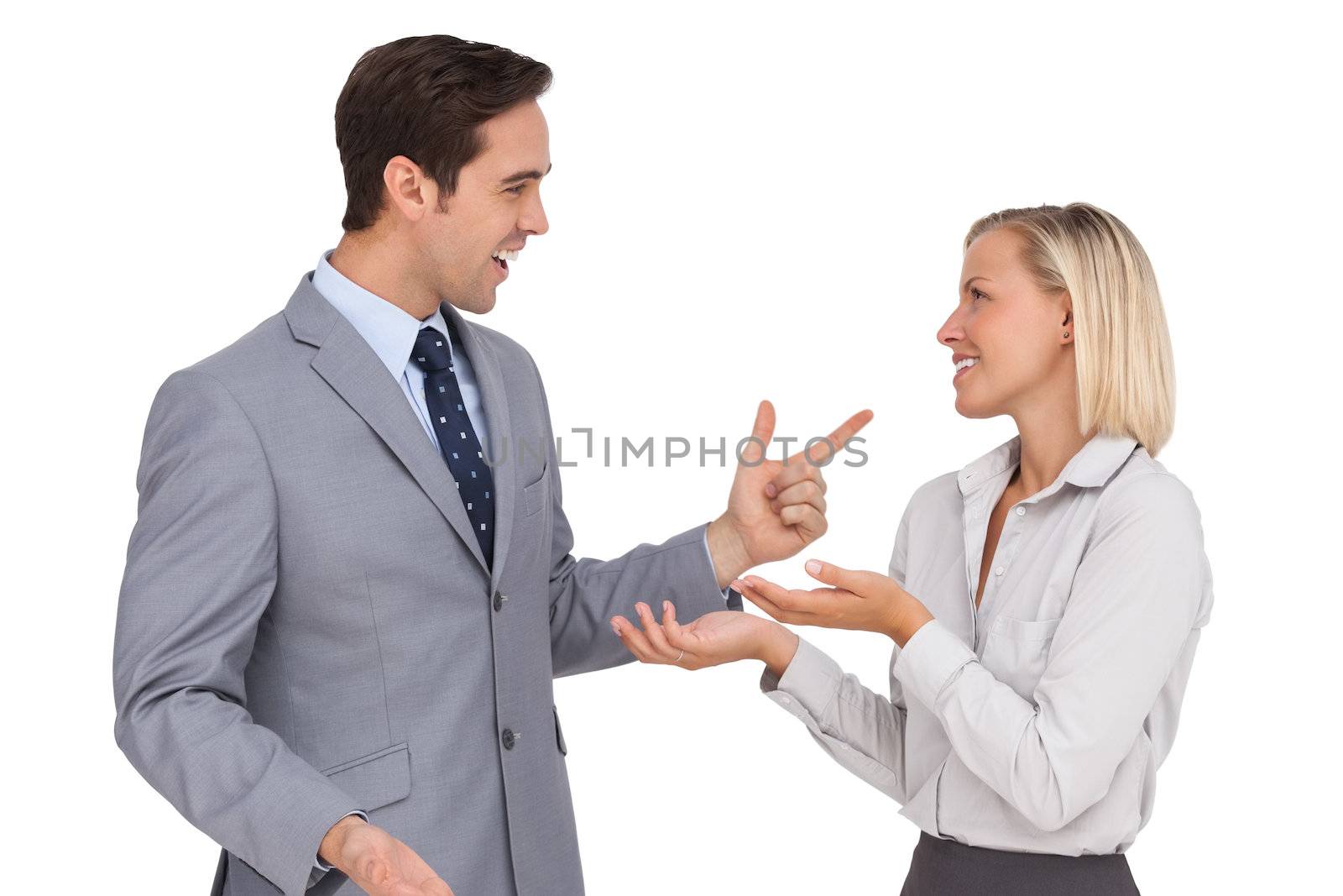 Young business people meet each other on white background