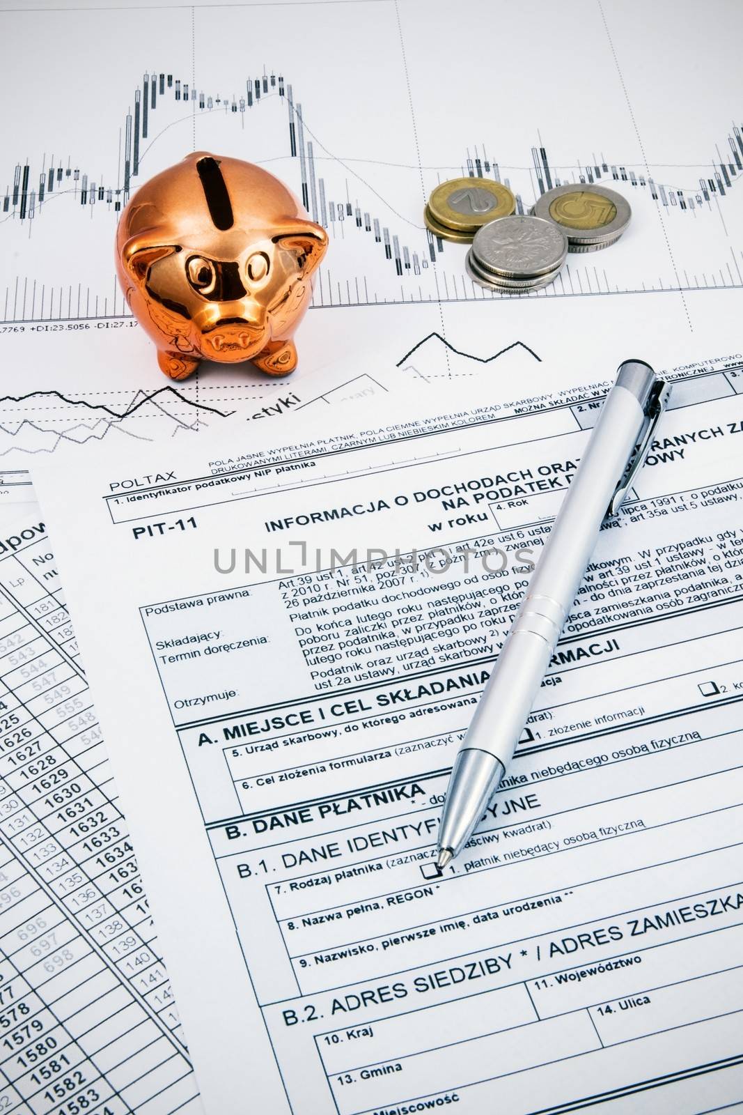 Polish income tax forms with pen, coins and piggybank