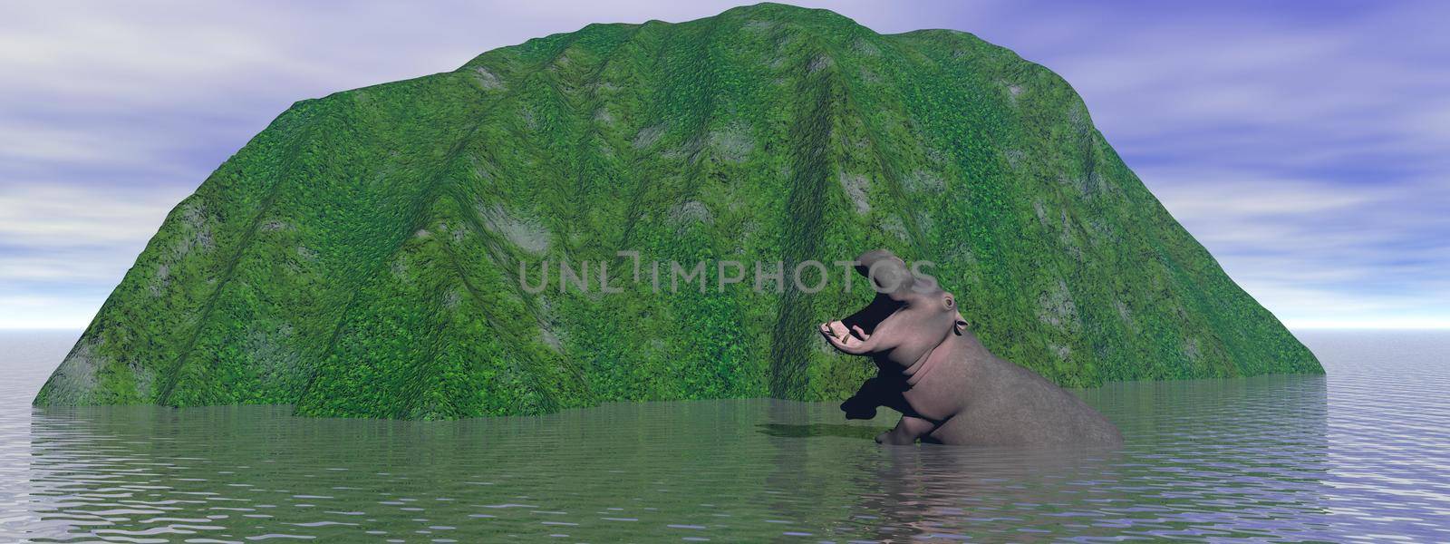 rhinoceros and moutain and lake