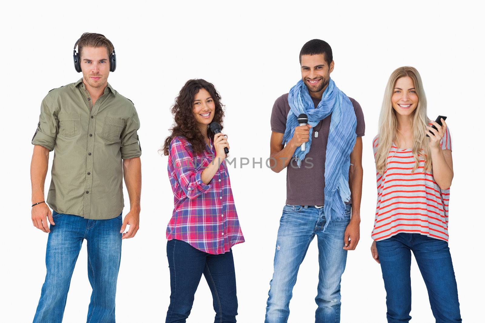 Friends using various types of technology on white background