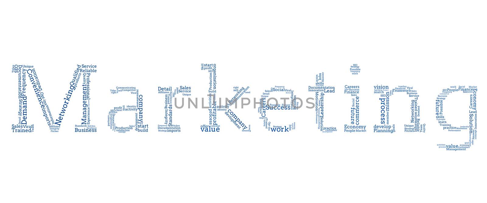 Various blue words spelling out marketing on white background