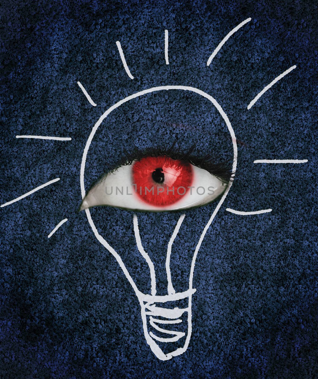 Red eye with eyelashes over blue texture surrounded by a drawing of a lightbulb