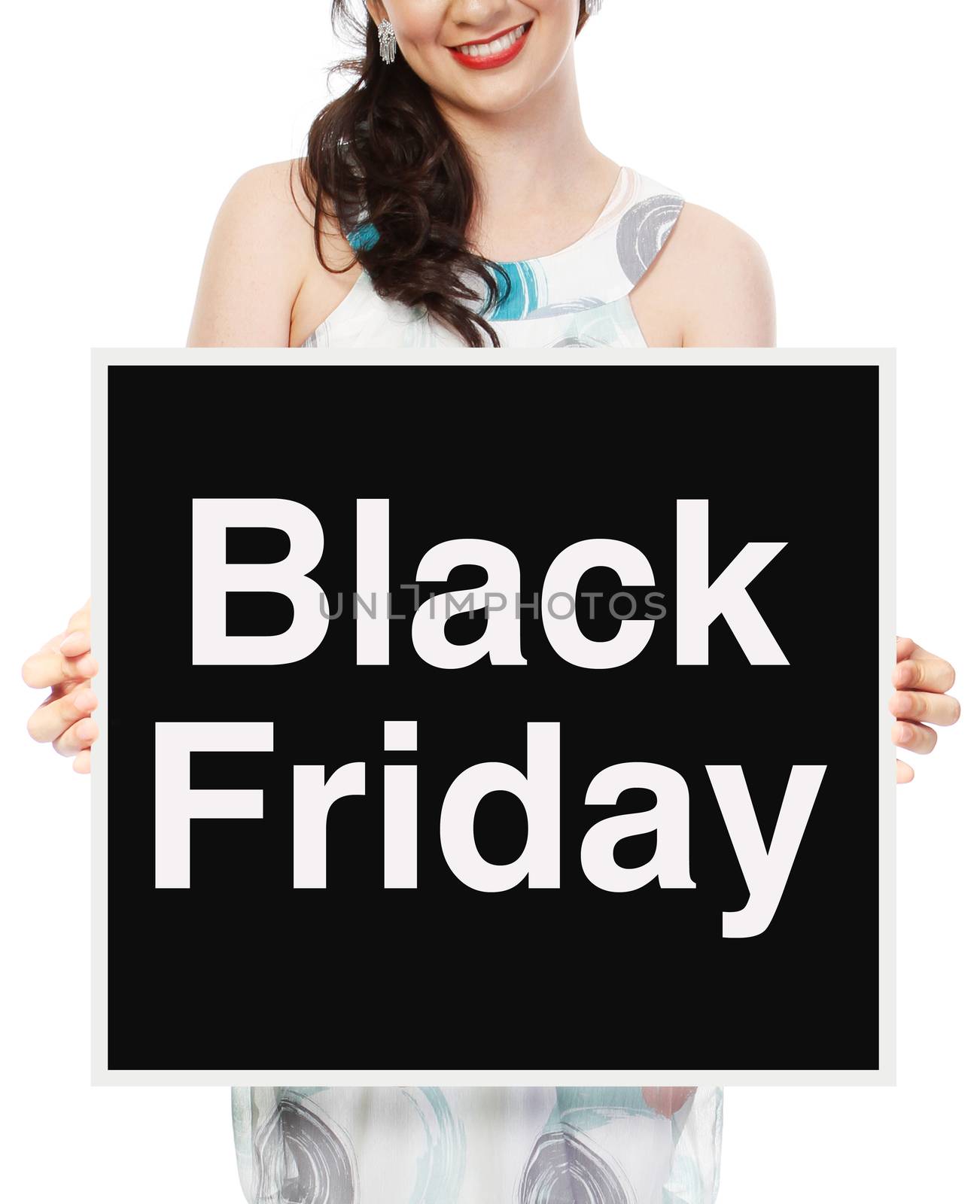 A woman holding a Black Friday sale signboard