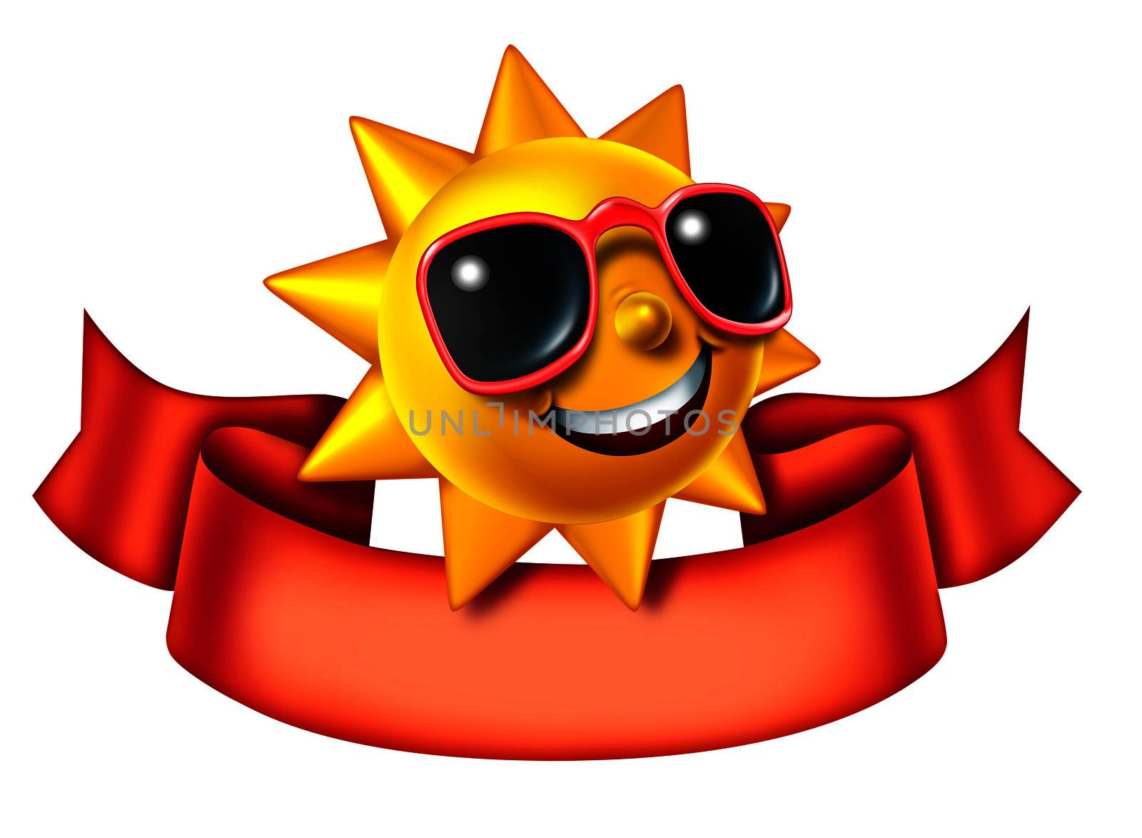 Sunny sun three dimensional cartoon character with a blank red banner as a hot summer symbol of heat and vacation advertisement or communication icon and relaxation isolated on a white background.
