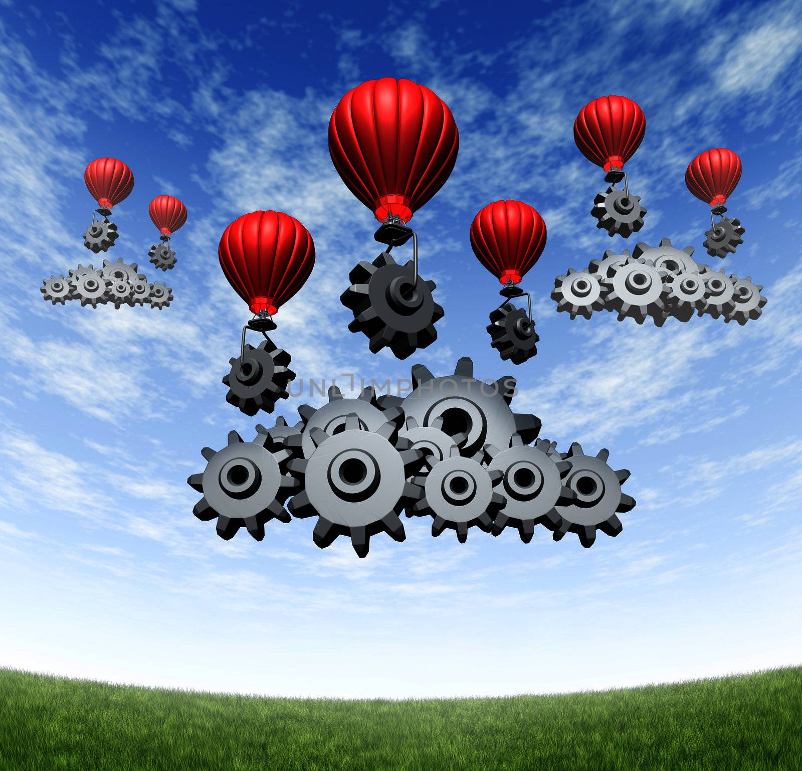 Wireless technology business concept and building an internet mobile cloud computing network with red hot air balloons with gears and cogs creating data server clouds on a blue summer sky and green grass.