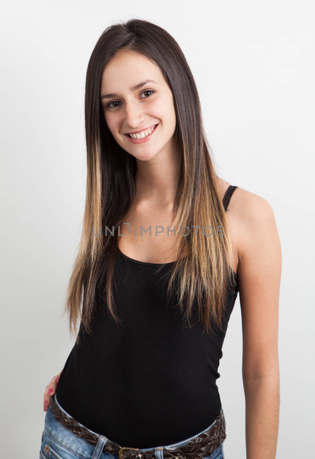 Young caucasian woman smiling on with background