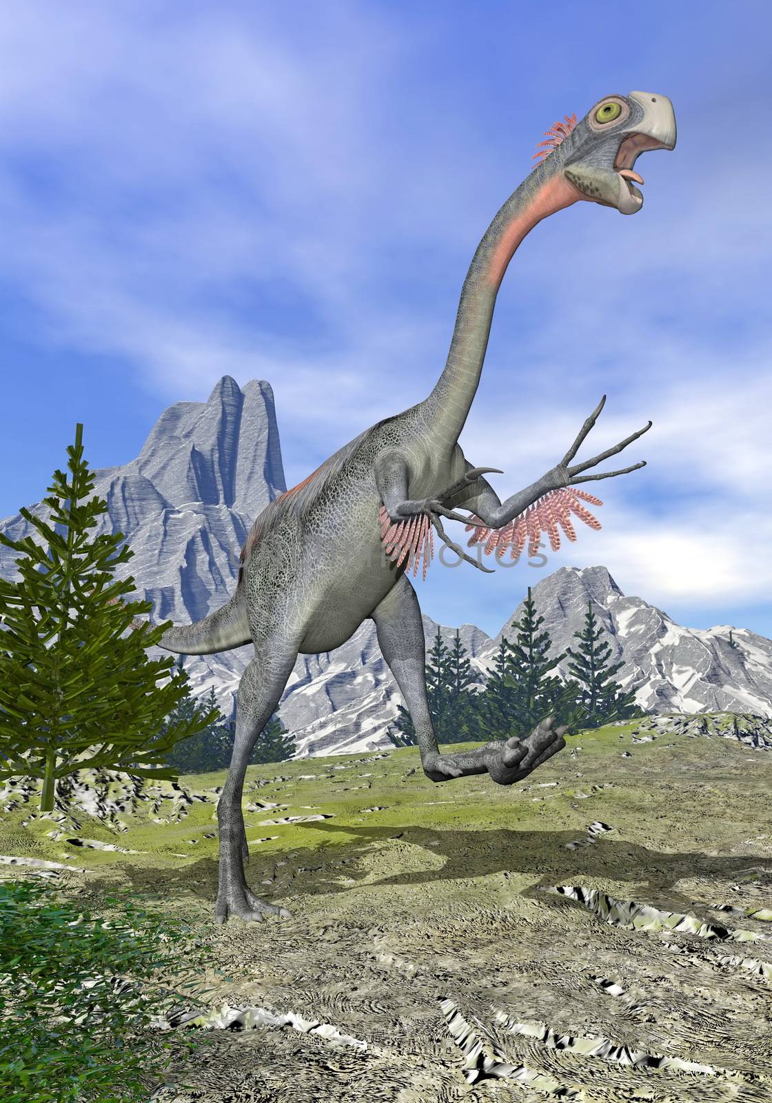 Gigantoraptor dinosaur running in the mountain with open mouth