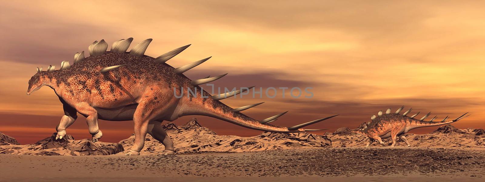 Kentrosaurus dinosaurs mum and baby walking in the desert by sunset