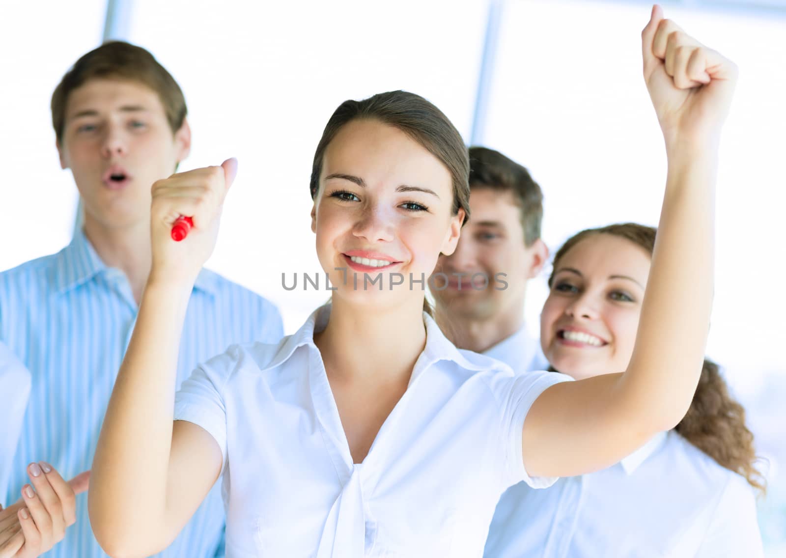 Successful business woman receiving congratulations from his colleagues, business success