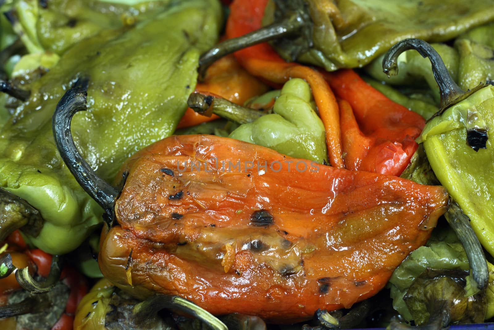 peeled roasted green peppers close up