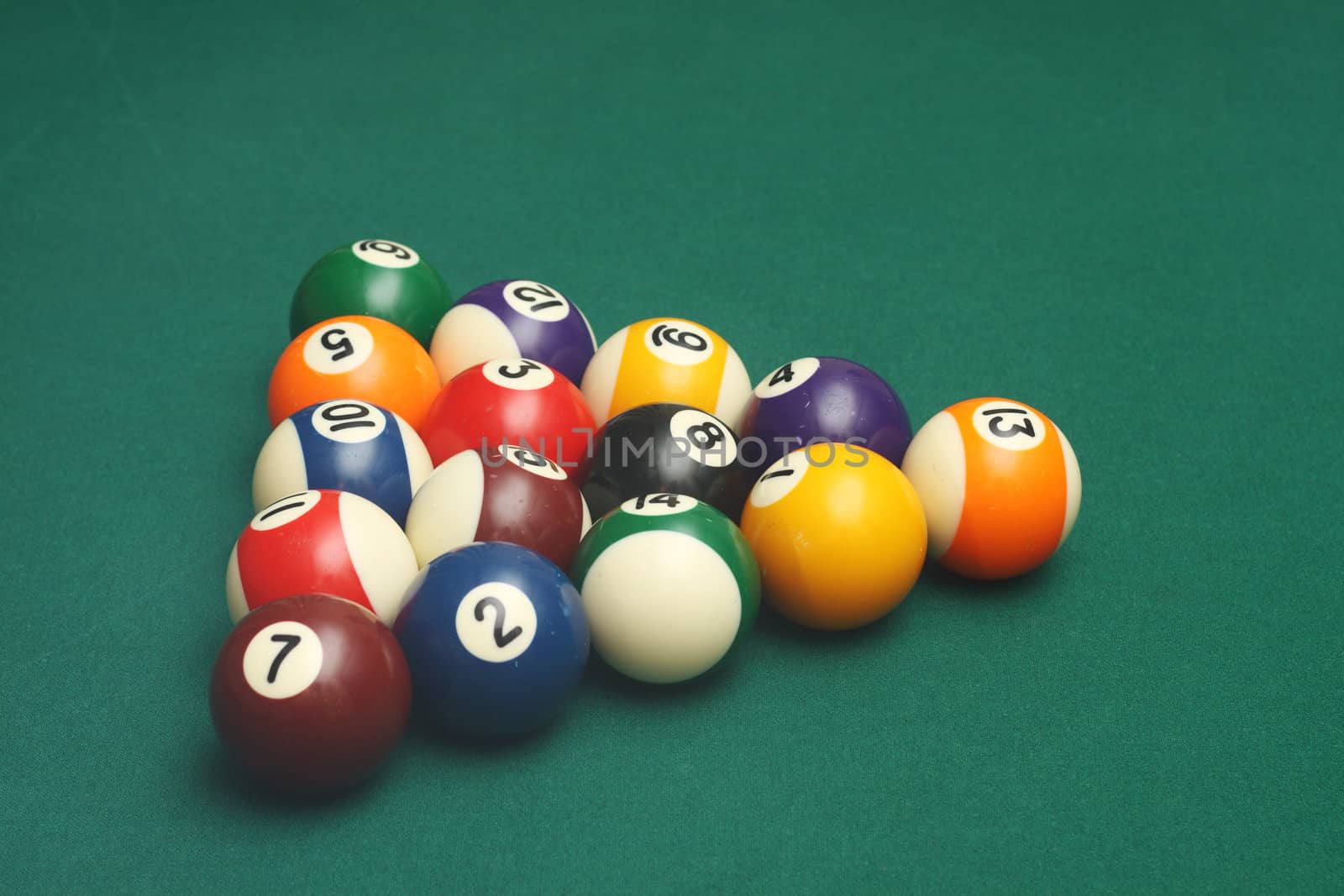 Billiard balls on the pool table to start playing