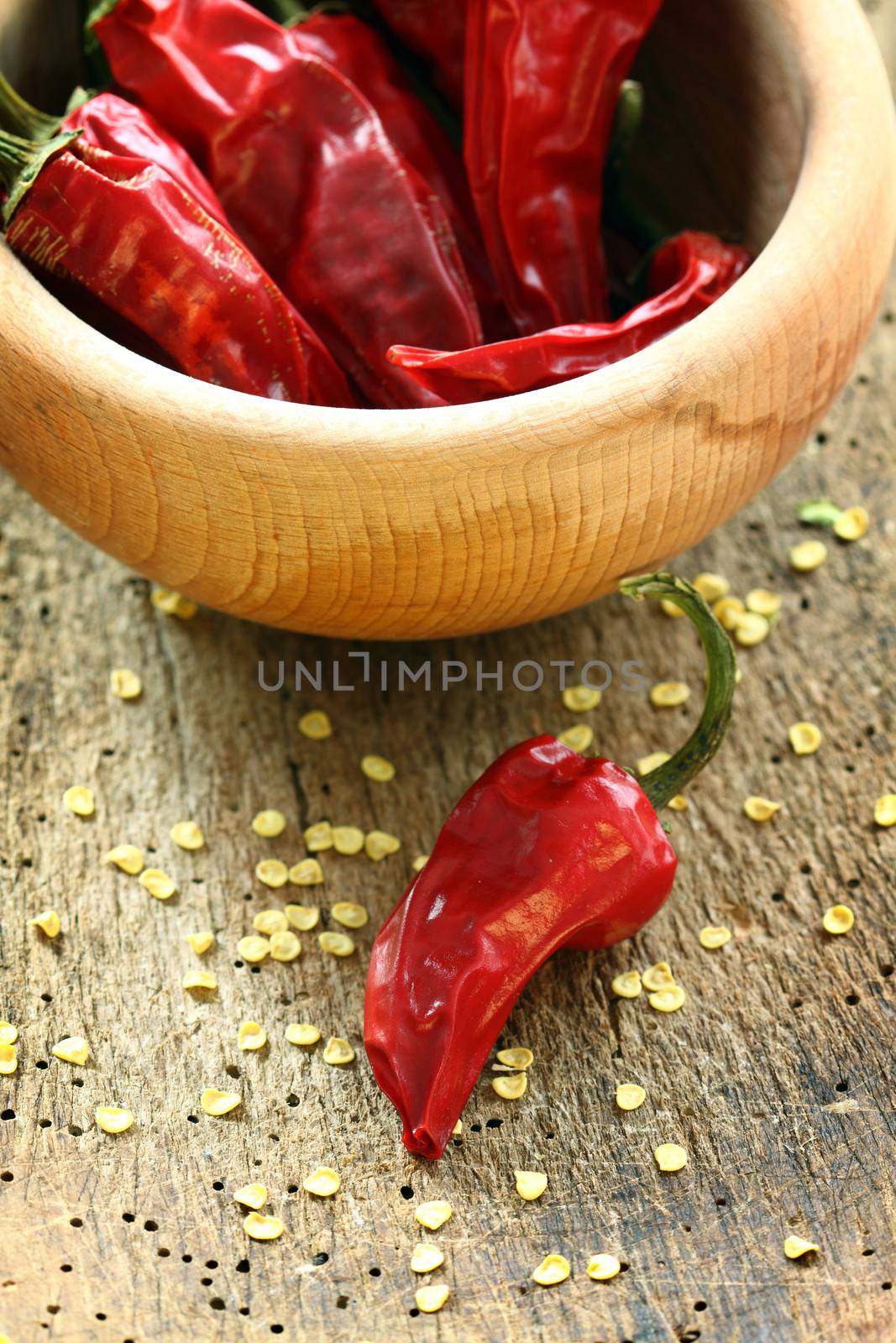 dry red chillies close up, shallow DOF