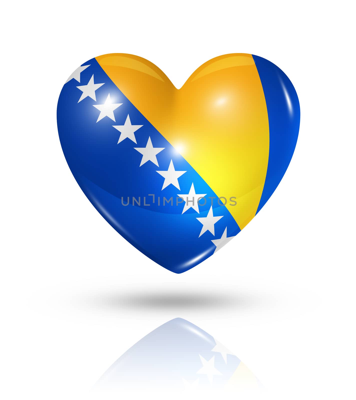 Love Bosnia and Herzegovina symbol. 3D heart flag icon isolated on white with clipping path