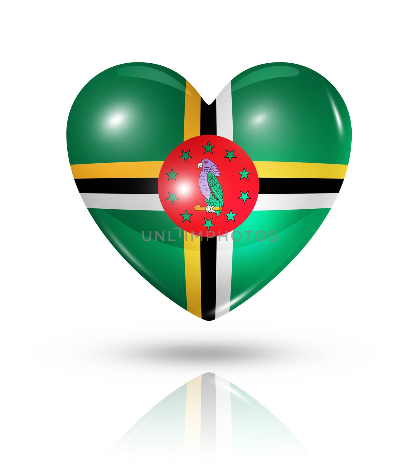 Love Dominica symbol. 3D heart flag icon isolated on white with clipping path