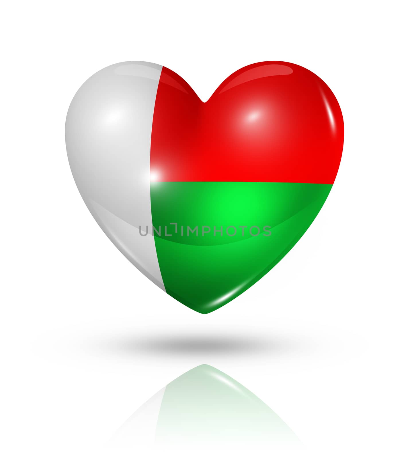Love Madagascar symbol. 3D heart flag icon isolated on white with clipping path