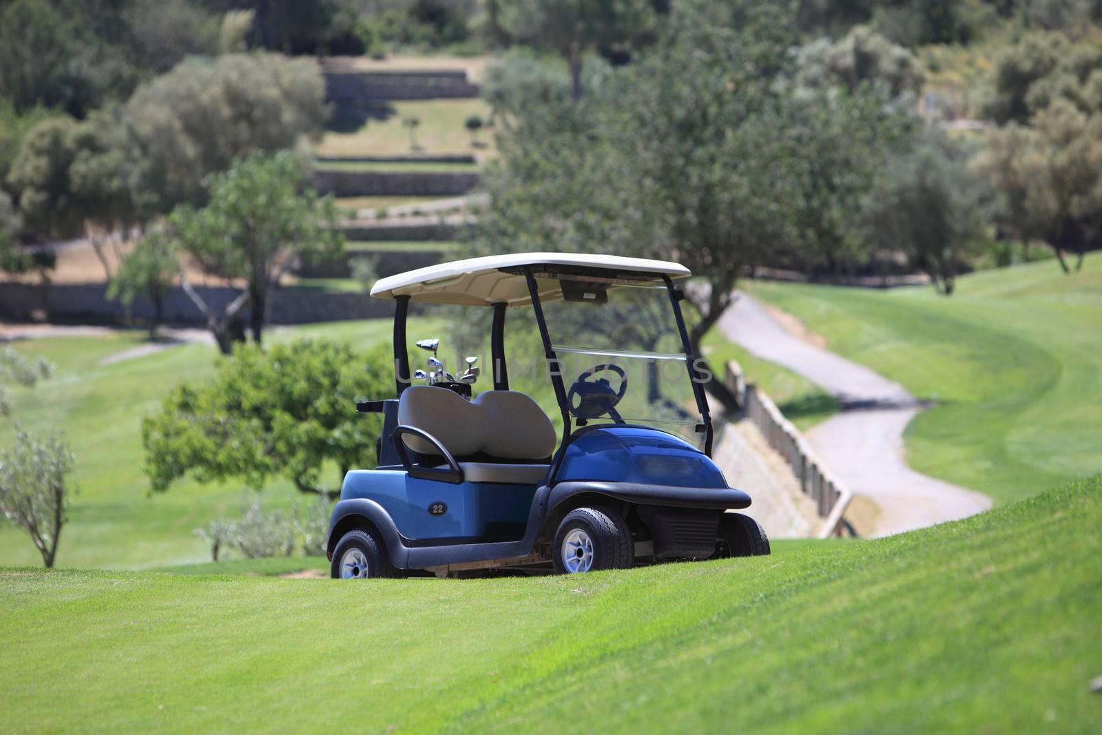 Golf cart parked on a golf course at the edge of a fairway used to transport the players and their clubs