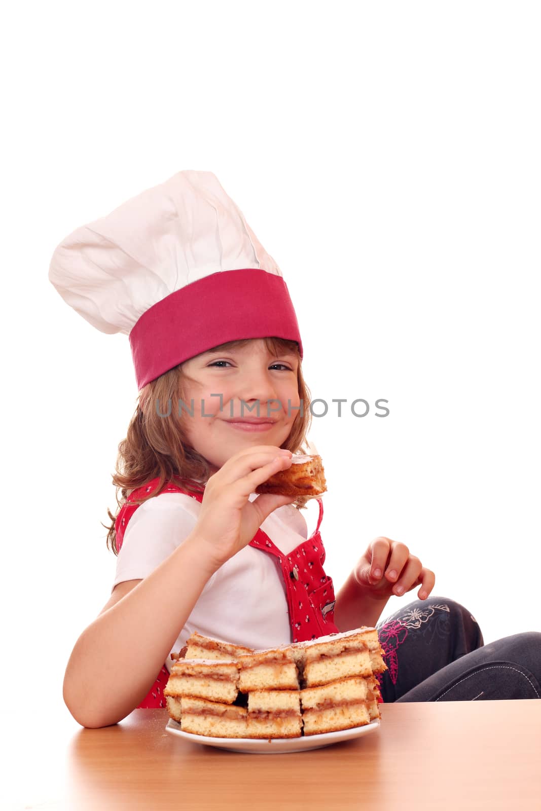 happy little girl cook eat apple cake by goce