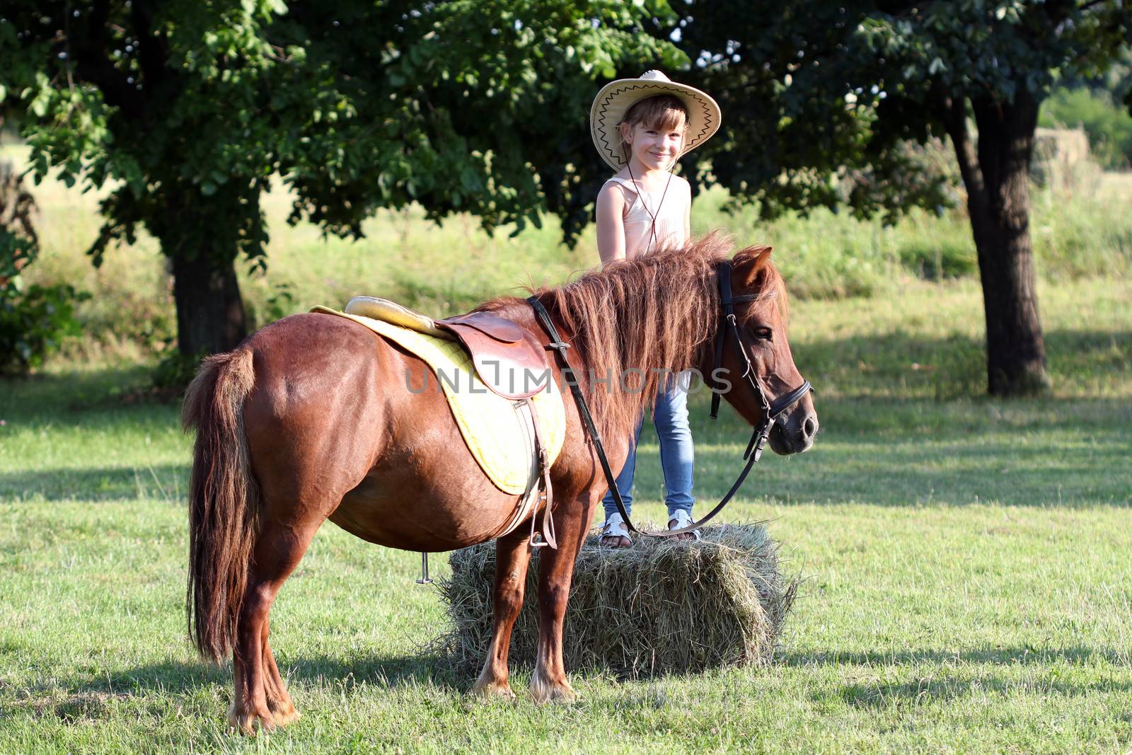 little girl with cowboy hat and pony horse pet 