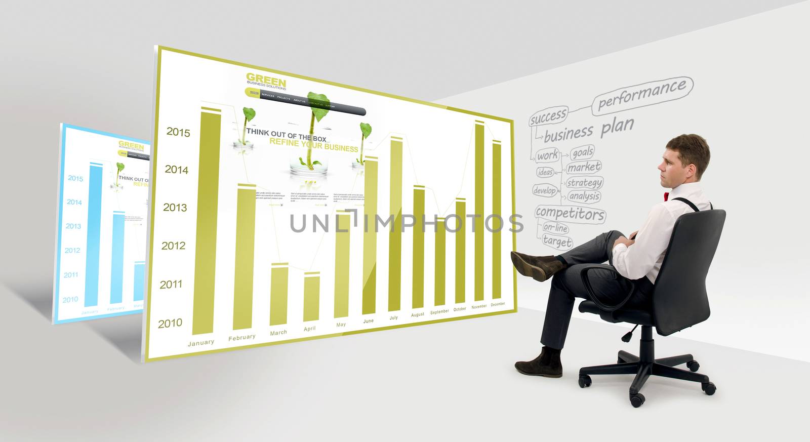 Businessman sitting on chair and analyzing stock market sheets