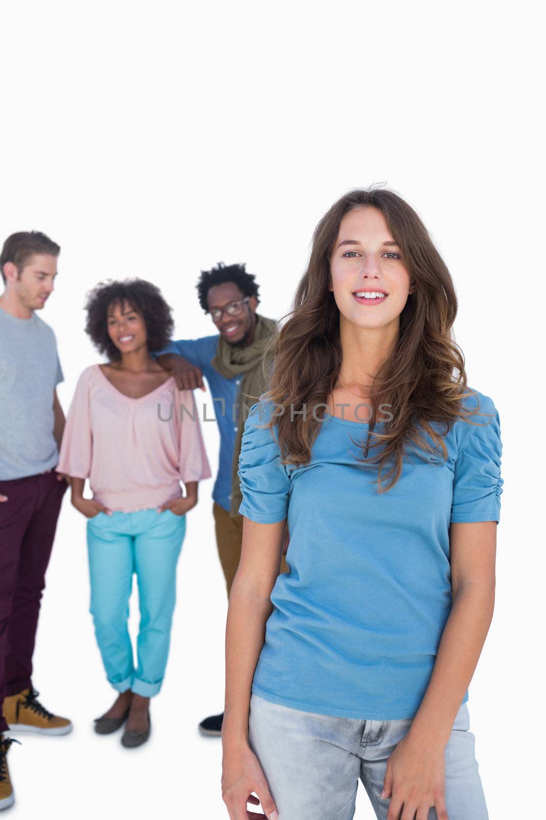 Group of stylish people against white background