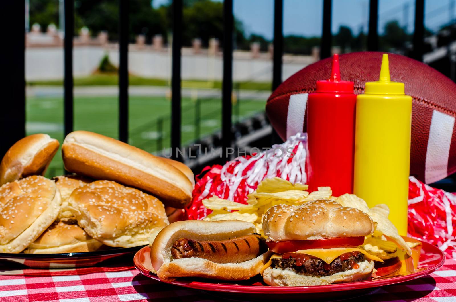 Football party with cheeseburger, hot dog, potato chips, pom poms, buns, and football.  Football field in background.