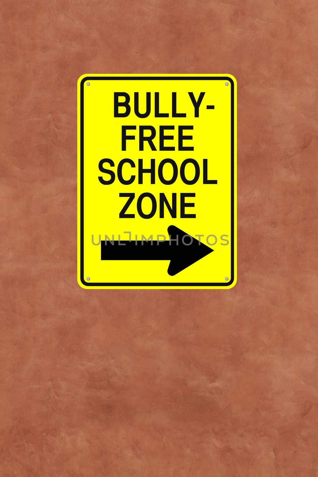 A modified one way street sign pointing to a bully-free school zone