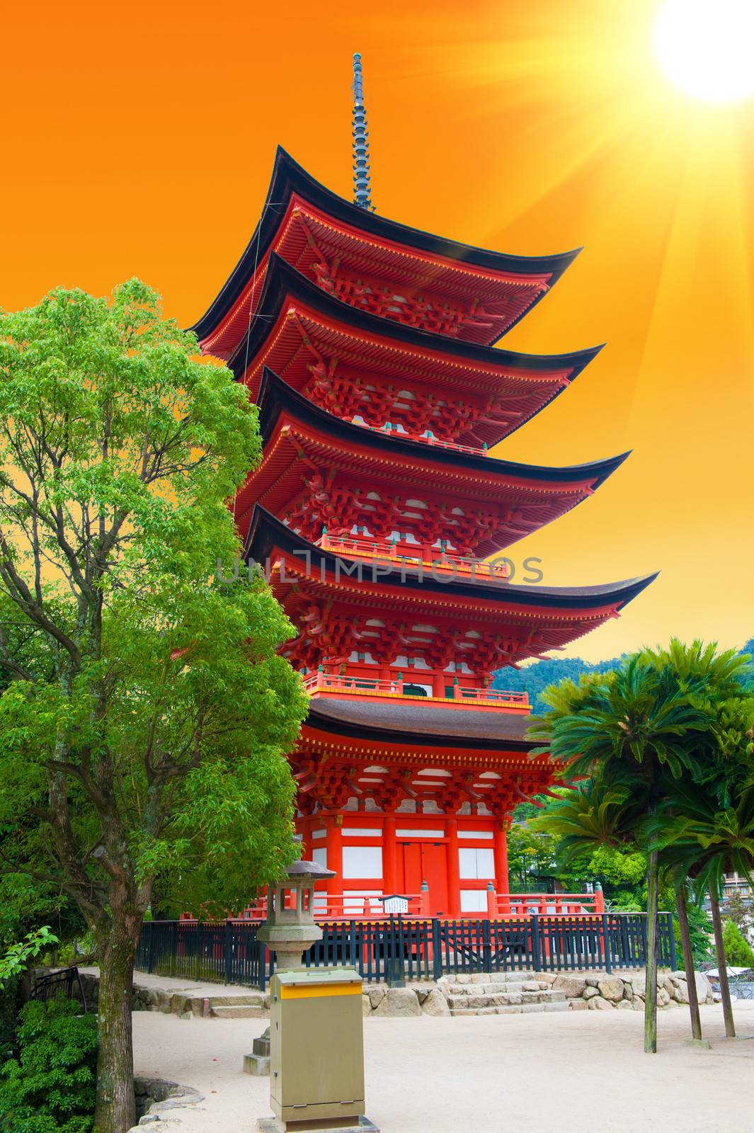 Five-storied pagoda  at Miyajima island, Japan - sunset