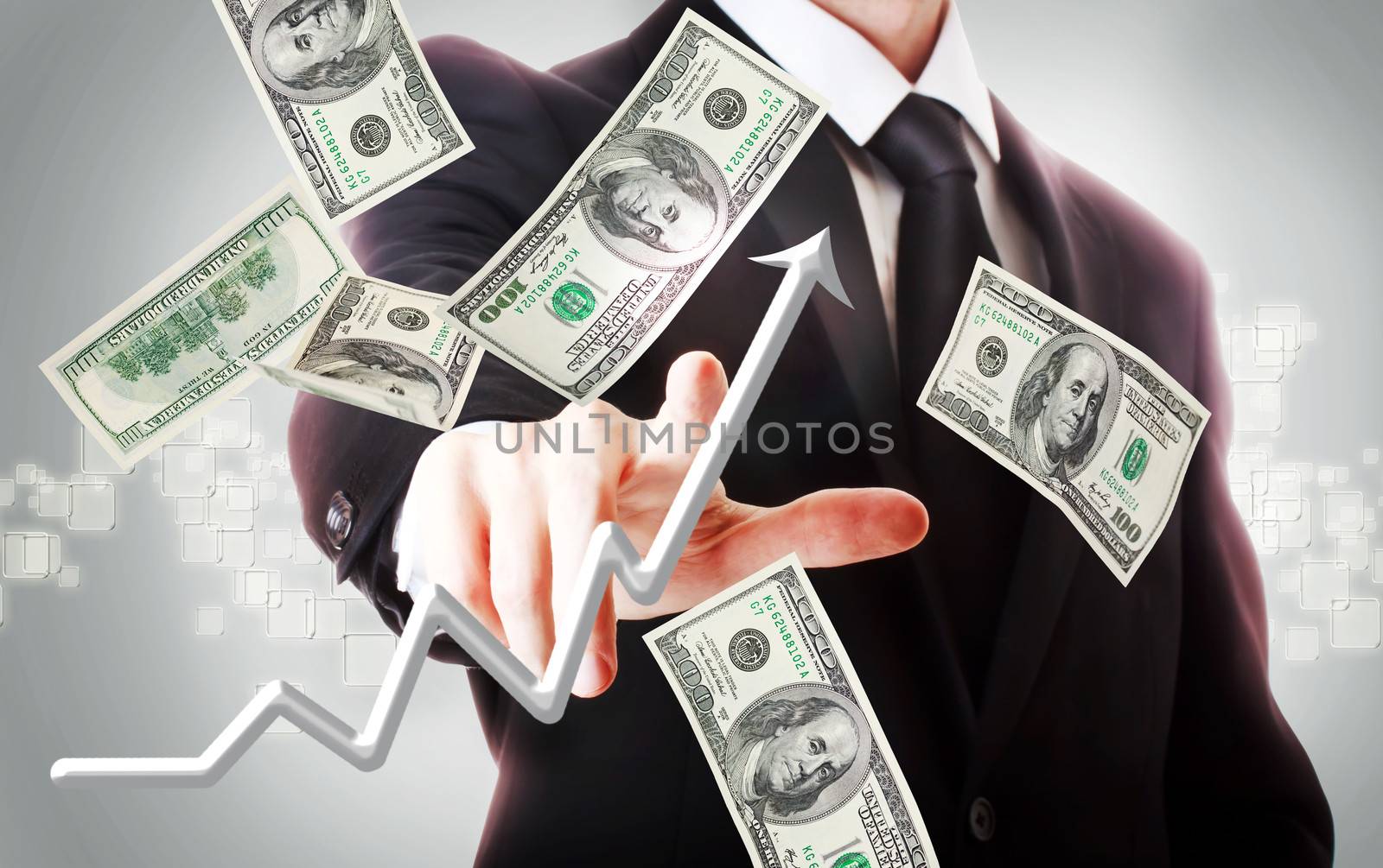 Business man with hundred dollar bills and rising arrow 