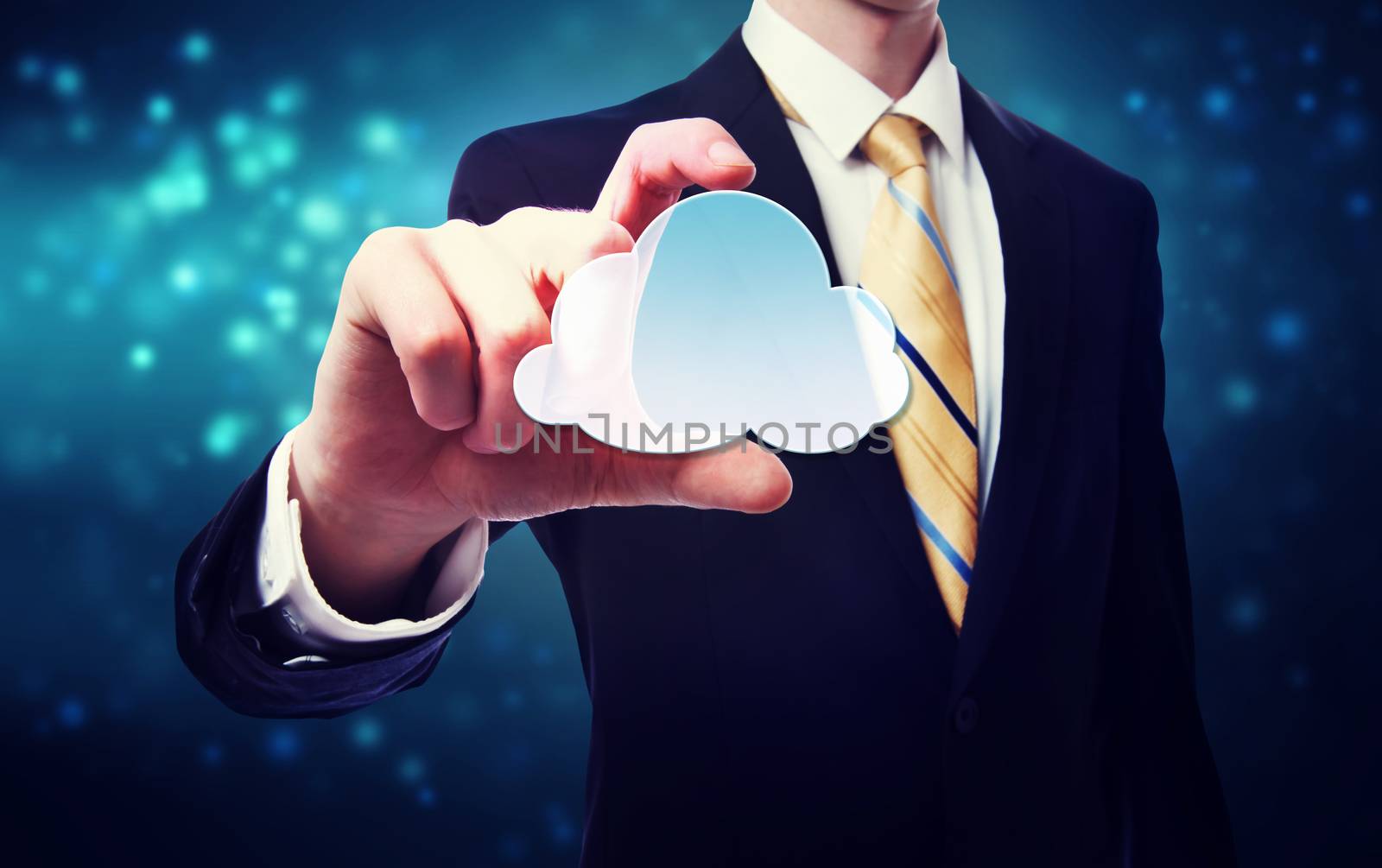 Businessman holding a cloud icon by melpomene