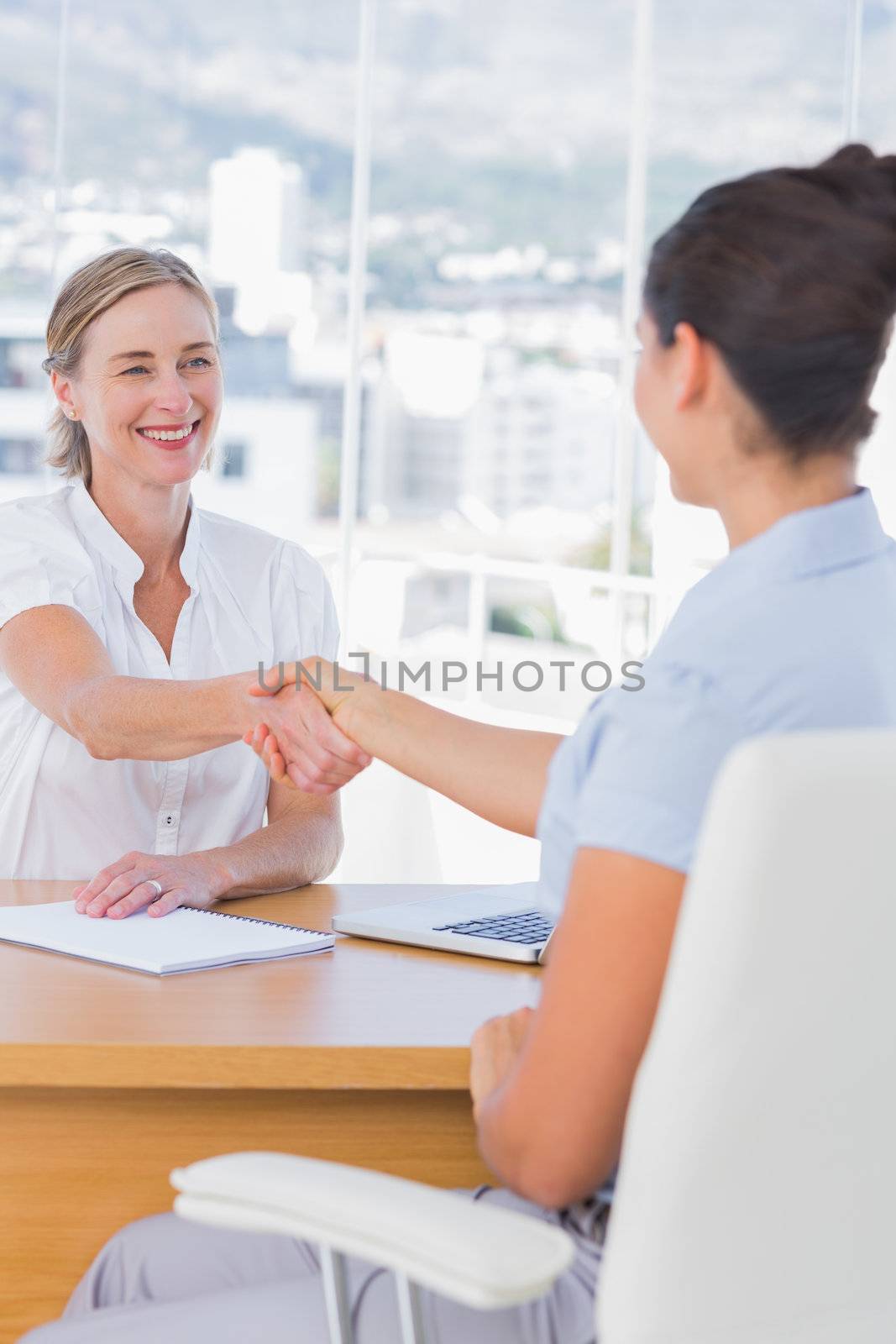 Cheerful interviewer shaking hand of an applicant in her office