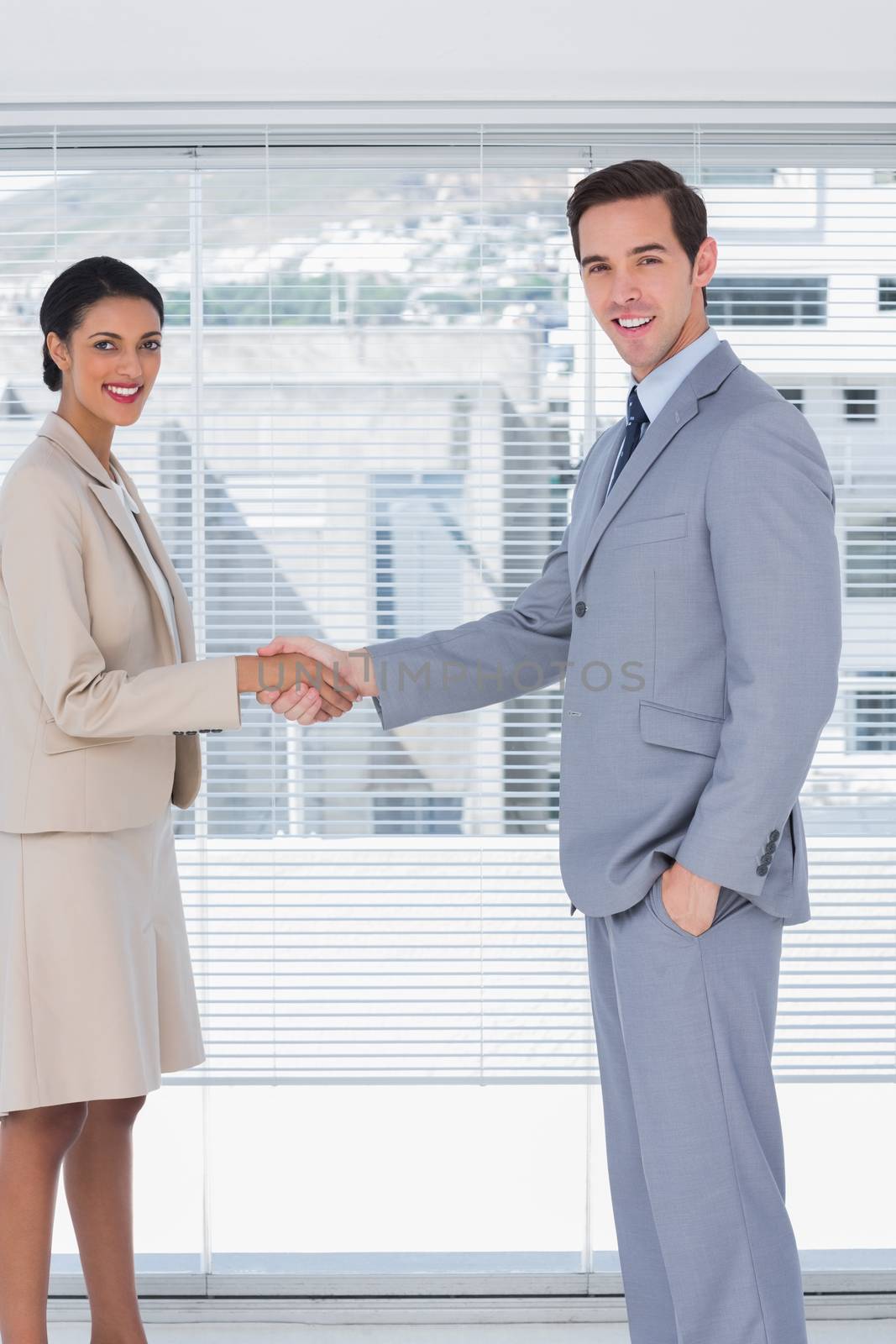 Smiling business people shaking hands in the office
