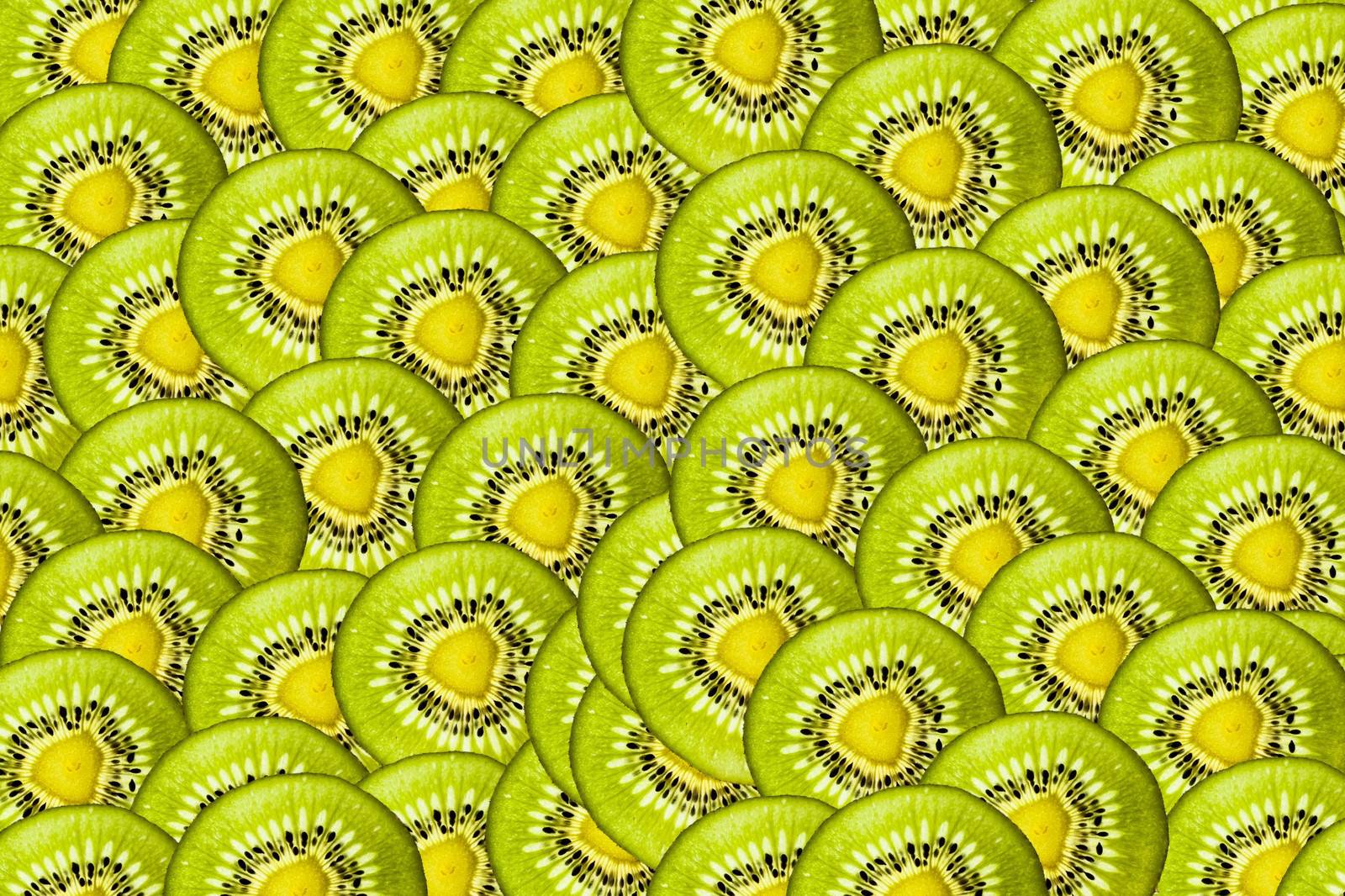 Background is of sliced thin slivers of kiwi