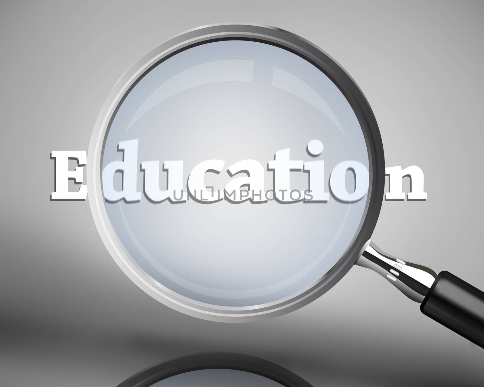 Magnifying glass showing education word in white on grey background