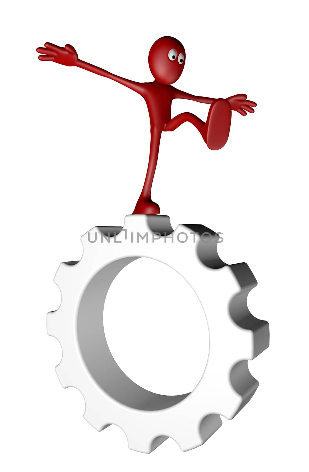 red guy balances on gear wheel - 3d illustration