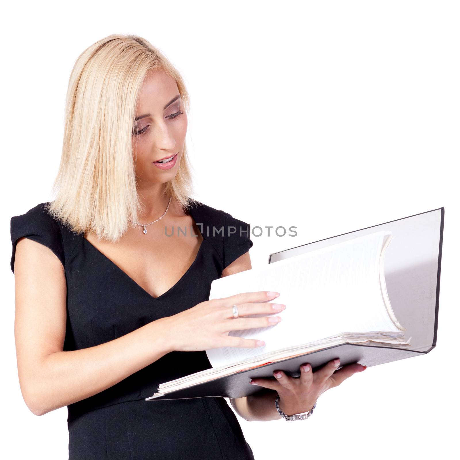 smiling young business woman with folder portrait isolated