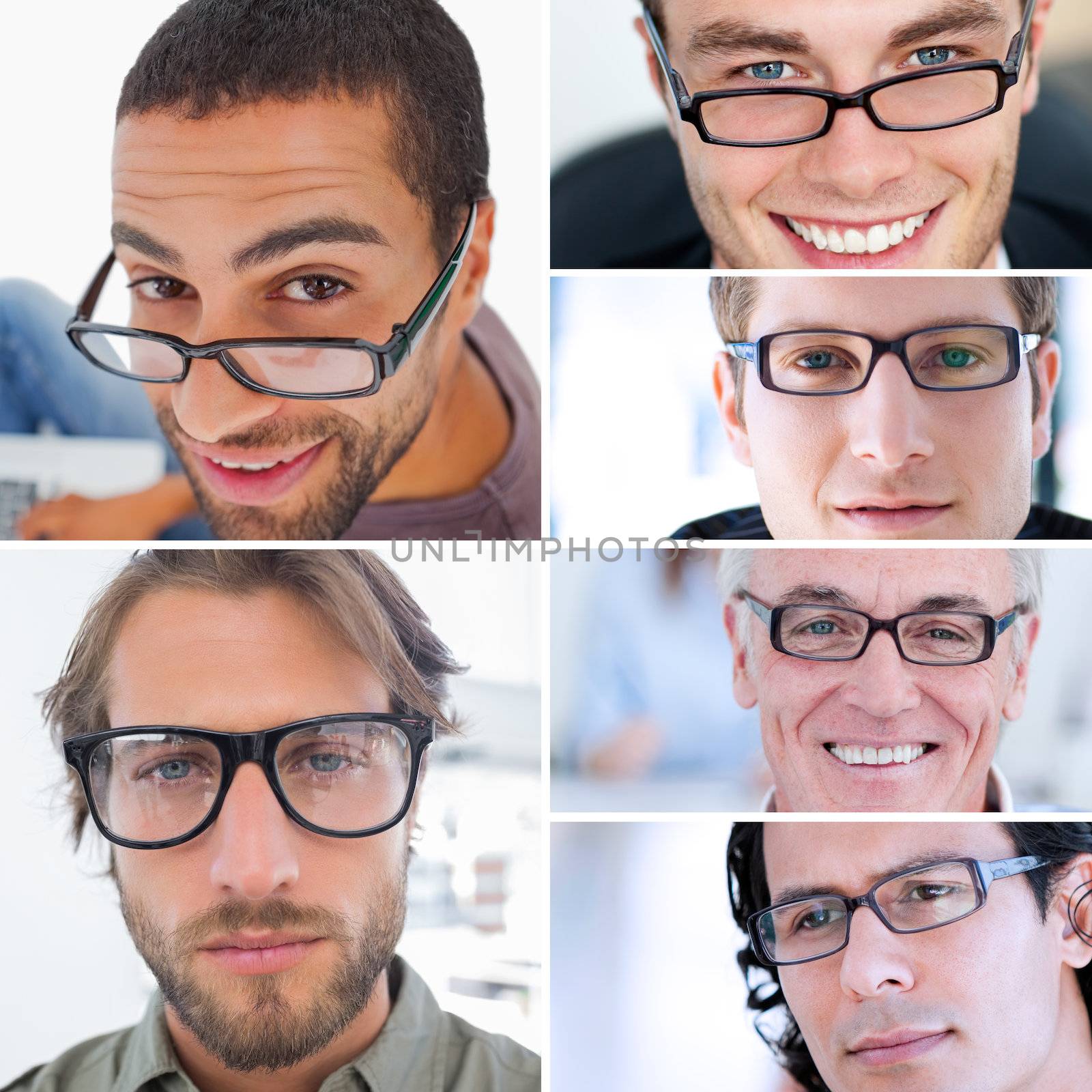 Collage of attractive men wearing reading glasses