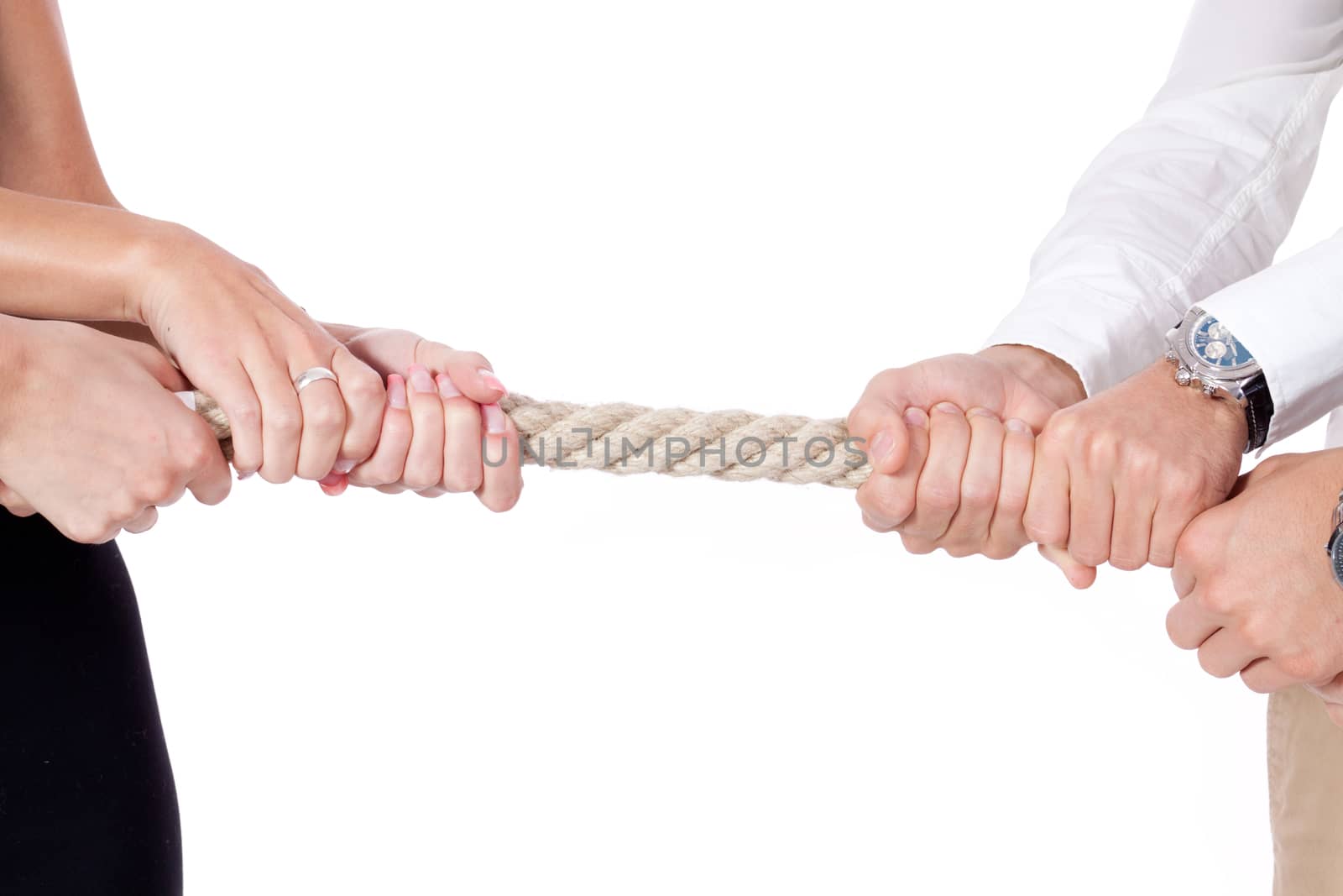 business woman against businessman pulling rope isolated on white