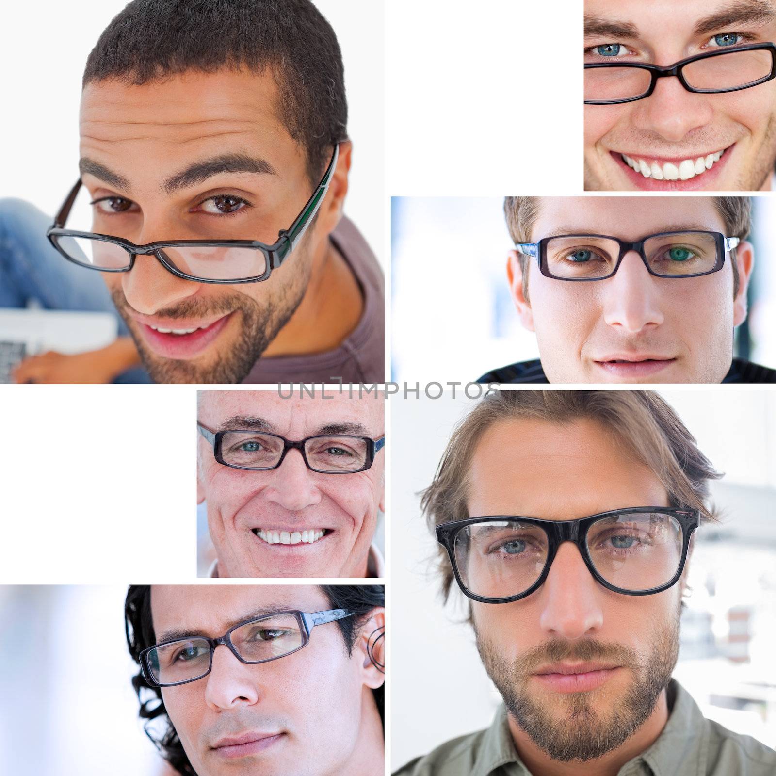 Collage of different pictures of attractive men wearing reading glasses