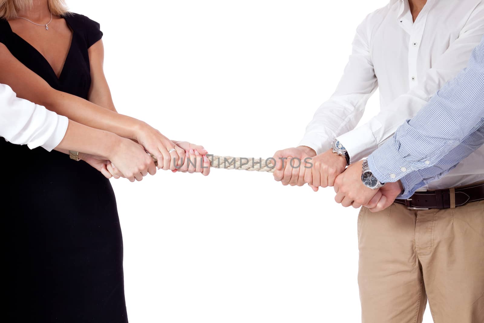 business woman against businessman pulling rope isolated on white