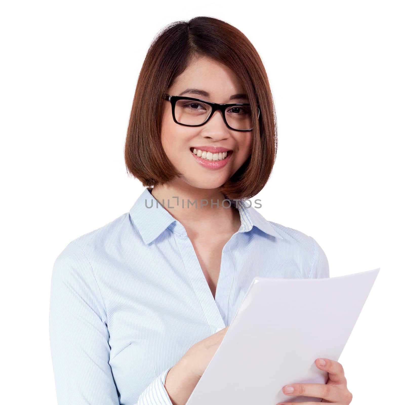 young successful attractive asian businesswoman with blue shirt isolated