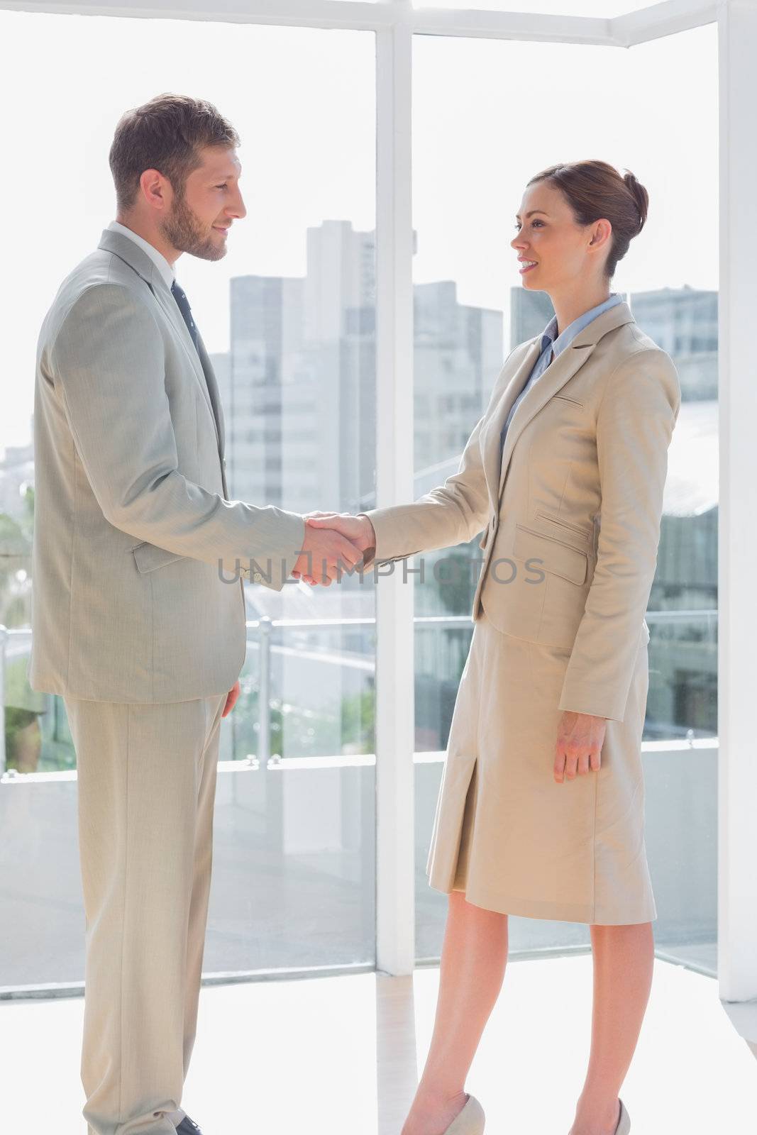 Business people shaking hands and smiling in a large office