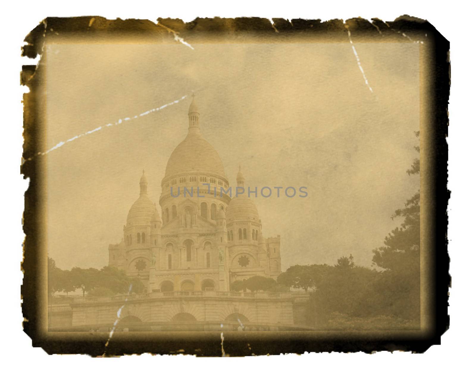 Old photo paper texture with view of  Sacre Coeur in Montmartre. Paris