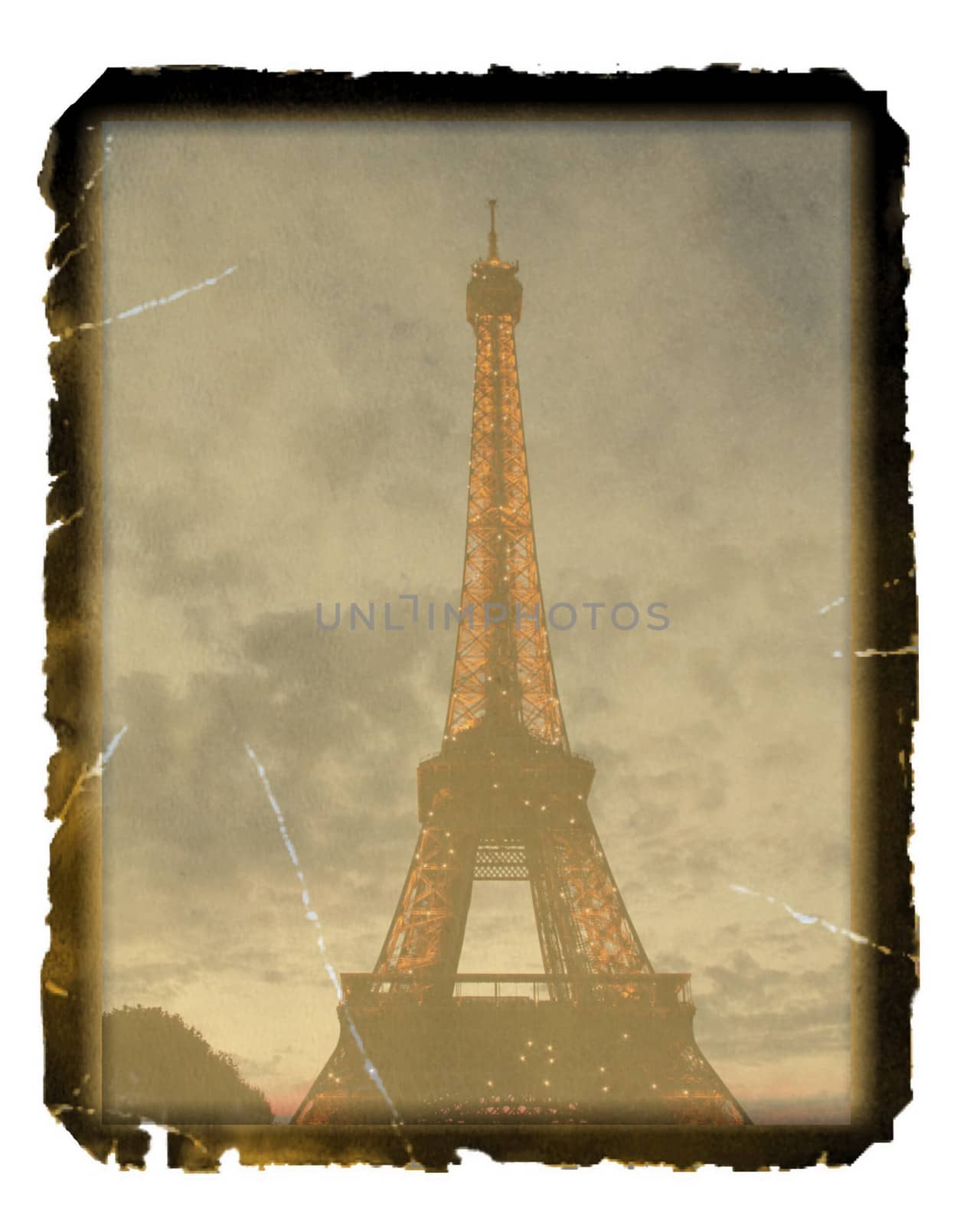 Old photo paper texture with  vintage image of Eiffel tower, Paris, France