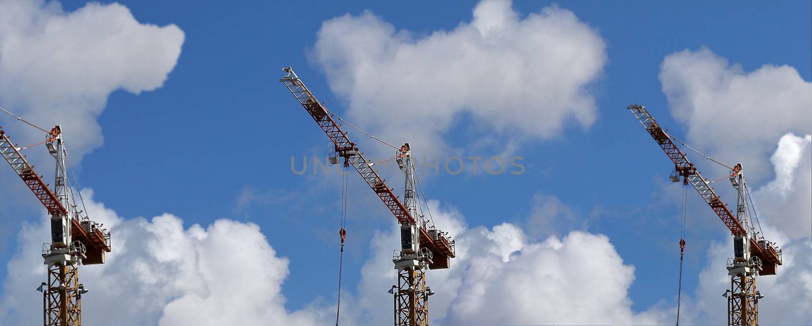 Three tower cranes on a background of blue sky and white clouds