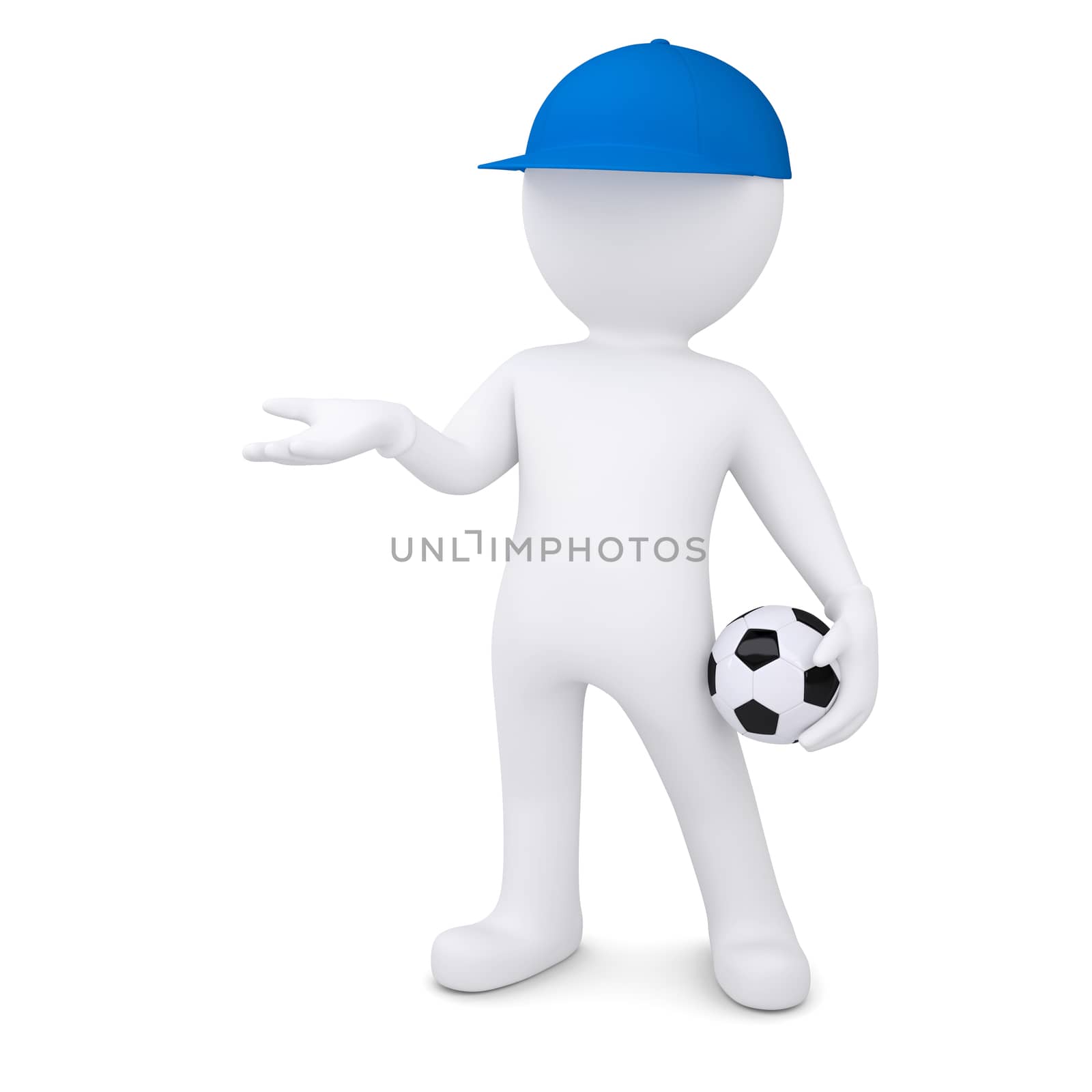 3d white man with soccer ball holds out empty hand. Isolated render on a white background